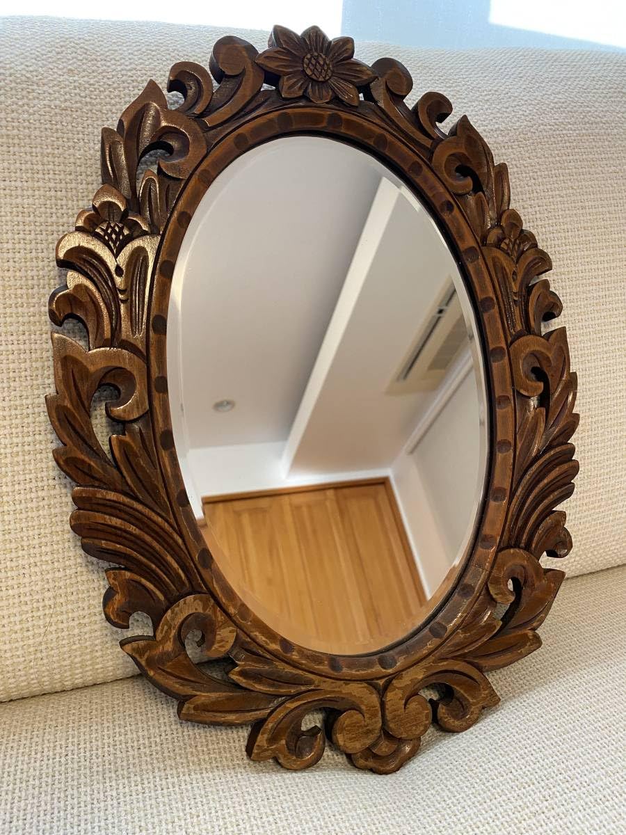 レトロ　アンティーク木彫り　掛鏡 レトロ ミラー 鏡 昭和レトロ アンティーク ヴィンテージ ミラー 2025年最新